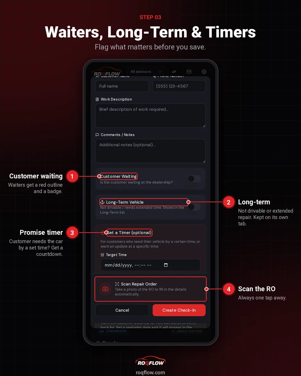 Waiter flags and service timers on ROQFLOW RO cards