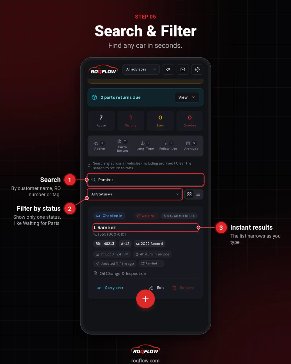 Searching and sorting repair orders in ROQFLOW