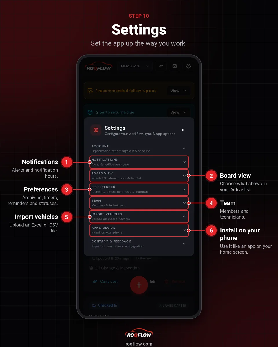 ROQFLOW settings screen
